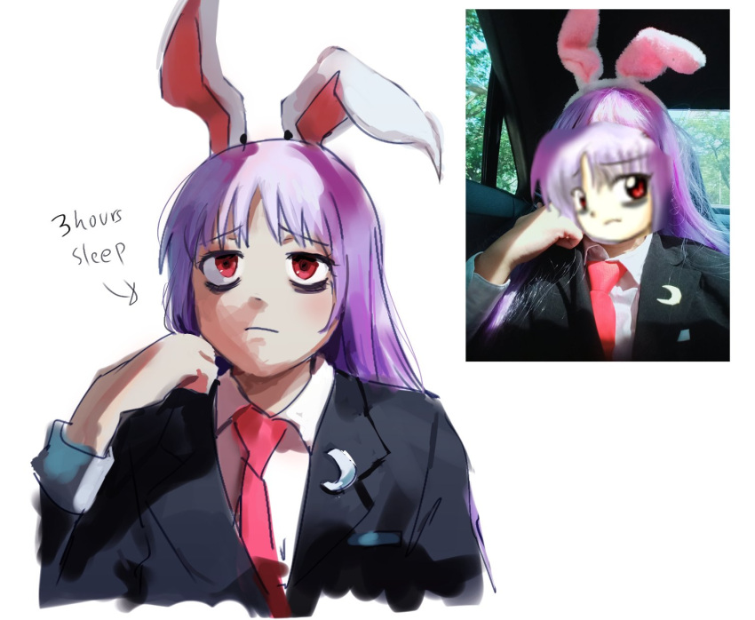 1girl animal_ears black_jacket closed_mouth commentary crescent crescent_pin english_commentary english_text highres himuhino jacket long_hair necktie purple_hair rabbit_ears rabbit_girl red_eyes red_necktie reference_inset reisen_udongein_inaba sleepy solo touhou upper_body