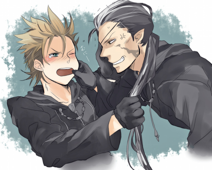 2boys anger_vein black_coat black_coat_(kingdom_hearts) black_gloves black_hair blue_background blue_eyes blush brown_hair cheek_pull clenched_teeth coat commentary_request cropped_torso demyx facing_to_the_side gloves grabbing_another's_hair hand_on_another's_face hood hooded_coat kingdom_hearts kingdom_hearts_ii leaning_forward long_hair long_sleeves looking_at_another low_ponytail male_focus minatoya_mozuku multicolored_hair multiple_boys one_eye_closed open_mouth organization_xiii pointy_ears scar scar_on_cheek scar_on_face short_hair spiked_hair streaked_hair sweatdrop tearing_up tears teeth xigbar yellow_eyes