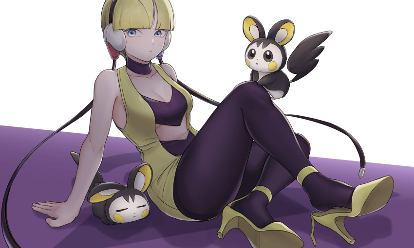 1girl arm_support bare_arms bare_shoulders black_choker black_headphones black_pantyhose blonde_hair blue_eyes blunt_bangs bob_cut breasts choker cleavage collarbone dl_90_p dress elesa_(pokemon) emolga flying_squirrel high_heels highres inverted_bob knee_up medium_breasts microdress pantyhose pokemon pokemon_(creature) pokemon_bw short_dress short_hair sitting sleeveless sleeveless_dress squirrel yellow_dress yellow_footwear