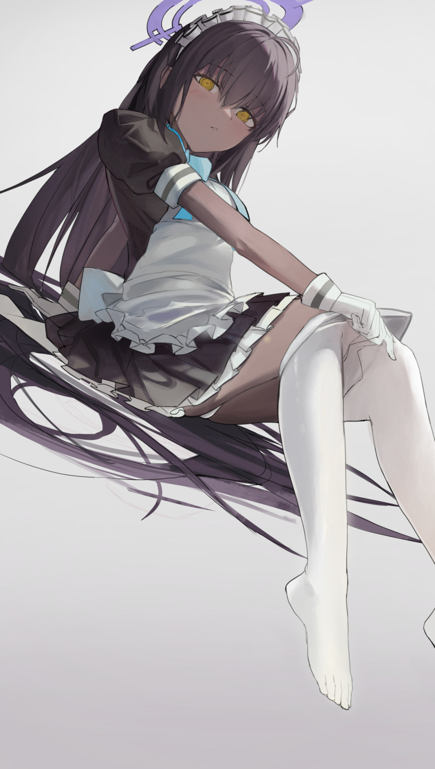 1girl absurdres apron black_dress black_hair blue_archive closed_mouth dark-skinned_female dark_skin dress frilled_apron frills gloves hair_between_eyes halo highres karin_(blue_archive) long_hair maid maid_apron maid_headdress panties pantyhose purple_halo ringed_eyes short_sleeves solo underwear white_apron white_gloves white_panties white_pantyhose yellow_eyes yunkkker