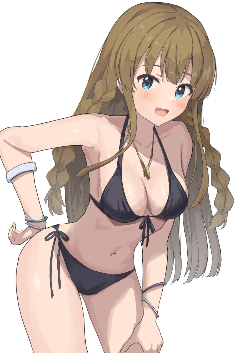 1girl bikini black_bikini blue_eyes braid breasts brown_hair cleavage collarbone commentary_request cowboy_shot ebifu highres idolmaster idolmaster_million_live! kousaka_umi large_breasts long_hair looking_at_viewer navel necktie open_mouth side-tie_bikini_bottom simple_background smile solo standing stomach swimsuit twin_braids white_background