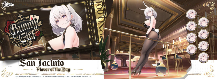 1girl against_railing animal_ears ass azur_lane black_leotard breasts brown_pantyhose character_name detached_collar english_commentary expressions fake_animal_ears fake_tail from_below from_side highres large_breasts leotard manjuu_(azur_lane) medium_hair official_alternate_costume official_art pantyhose playboy_bunny promotional_art purple_eyes rabbit_ears rabbit_tail railing san_jacinto_(azur_lane) san_jacinto_(flavor_of_the_day)_(azur_lane) second-party_source solo strapless strapless_leotard tail white_hair wrist_cuffs