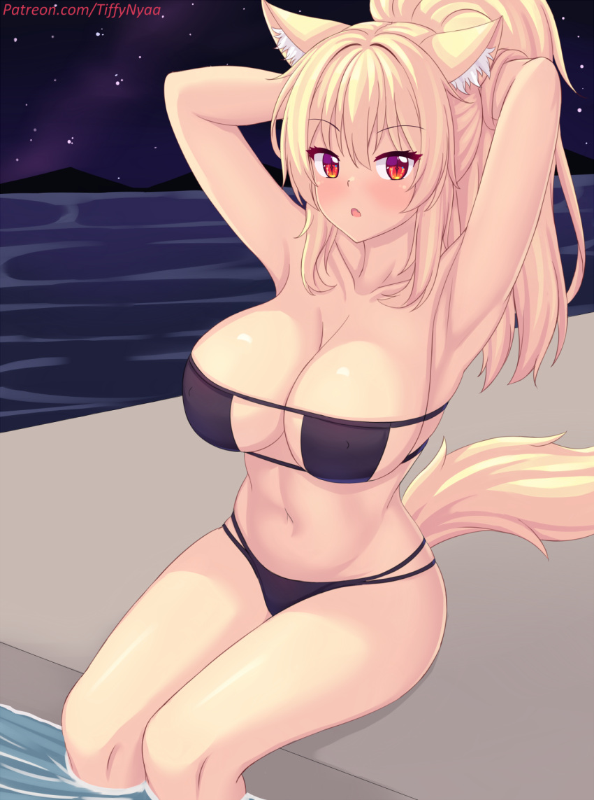 1girl :o animal_ears armpits arms_up bare_arms bare_shoulders bikini blonde_hair blush breasts cat_ears cat_girl cat_tail cleavage collarbone commentary english_commentary eyepatch_bikini highres large_breasts long_hair looking_at_viewer navel nottytiffy open_mouth original patreon_username ponytail red_eyes sitting stomach swimsuit tail thighs tiffy_(nottytiffy) water