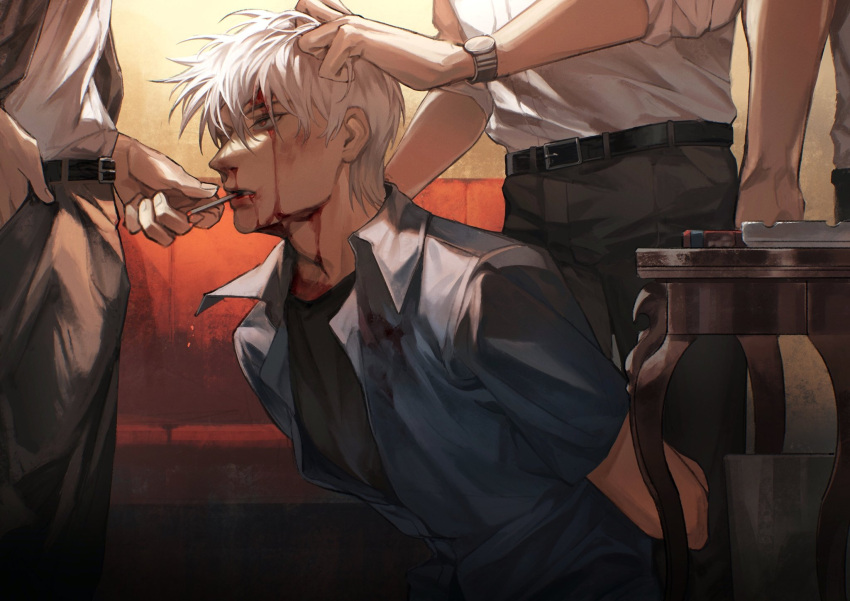 4boys akagi:_yami_ni_oritatta_tensai akagi_shigeru ashtray belt black_belt black_shirt blood blood_on_clothes blood_on_face cigarette fukumoto_mahjong grabbing_another's_hair grey_shirt hair_between_eyes highres holding holding_cigarette long_bangs looking_at_another male_focus multiple_boys open_mouth out_of_frame pointy_nose red_eyes shirt short_hair solo_focus suefu undershirt upper_body white_hair