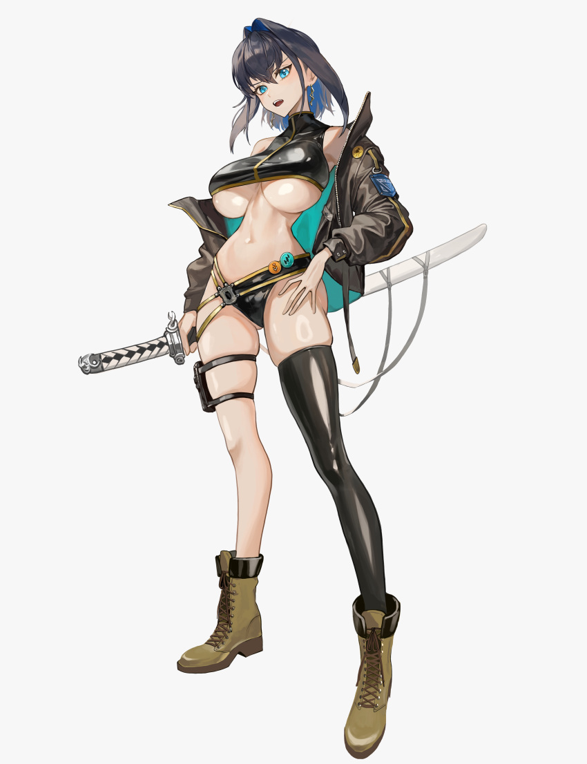 1girl absurdres alternate_costume ass_visible_through_thighs bare_shoulders black_panties black_shirt black_thighhighs blue_eyes blue_hair boots breasts brown_footwear brown_jacket crop_top earrings fang green_jacket hair_intakes highres holding holding_sword holding_weapon hololive hololive_english holster huge_breasts jacket jewelry katana multicolored_clothes multicolored_hair multicolored_jacket narrow_waist navel off_shoulder open_clothes open_jacket open_mouth ouro_kronii panties pin santafe99 shirt short_hair sidelocks simple_background single_thighhigh skindentation sleeveless sleeveless_shirt sleeveless_turtleneck stomach sword teeth thigh_holster thighhighs tongue turtleneck two-tone_hair underboob underwear weapon white_background wide_hips