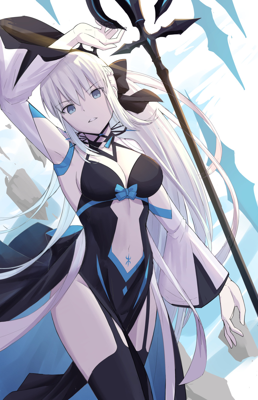 1girl absurdres black_bow black_dress black_thighhighs blue_eyes bow braid breasts center_opening cleavage dress fate/grand_order fate_(series) french_braid grey_hair hair_bow highres large_breasts long_hair long_sleeves looking_at_viewer morgan_le_fay_(fate) natu_zame navel pelvic_curtain ponytail sidelocks solo spikes staff stomach_tattoo tattoo thighhighs thighs tiara two-tone_dress very_long_hair white_dress wide_sleeves