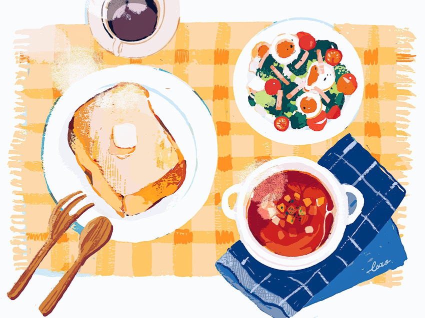 bread butter coffee coffee_cup cup disposable_cup egg food fork from_above highres no_humans okisene original plaid_towel salad saucer signature soup spoon steam tomato