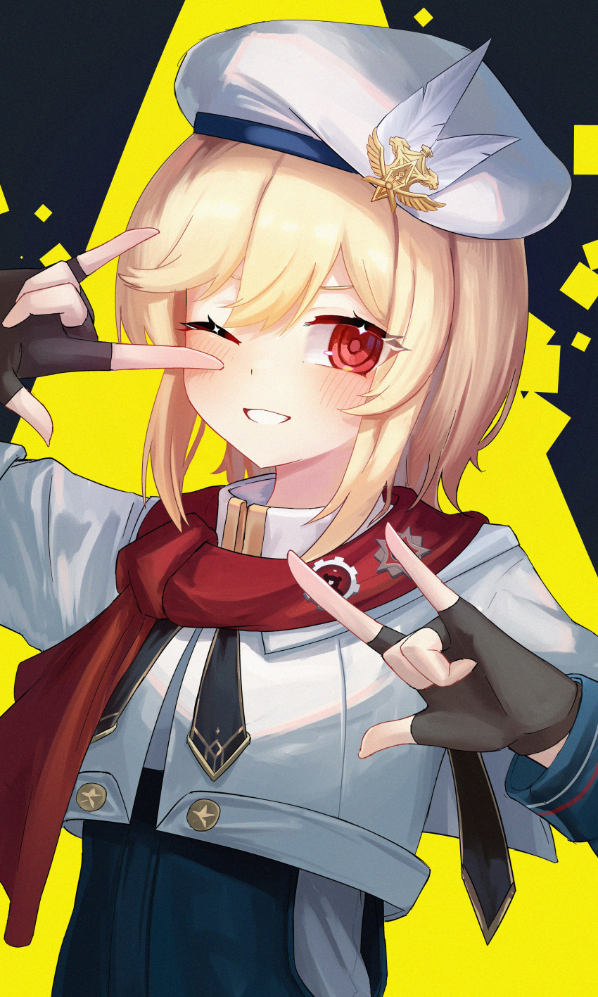 1girl \m/ absurdres beret blonde_hair blush double_\m/ fingerless_gloves girls'_frontline girls'_frontline_2:_exilium gloves hat hat_feather highres looking_at_viewer medium_hair nagant_revolver_(girls'_frontline) one_eye_closed red_eyes red_scarf scarf shenqi_xiaohuang solo upper_body white_headwear