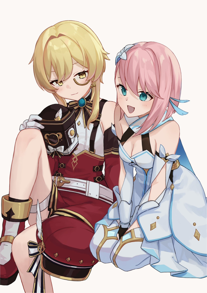 2girls bare_shoulders blonde_hair blush boots breasts charlotte_(genshin_impact) cleavage commentary_request cosplay costume_switch dress flower genshin_impact gloves green_eyes hair_flower hair_ornament highres knee_up lumine_(genshin_impact) monocle multiple_girls open_mouth pink_hair red_footwear simple_background small_breasts smile thigh_boots thigh_strap white_dress white_footwear white_gloves yellow_eyes yu_ri_0320