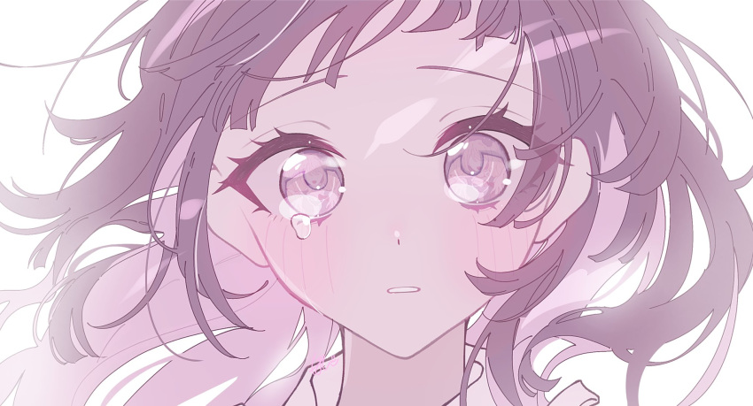 1girl black_hair blush danganronpa_(series) danganronpa_2:_goodbye_despair highres long_hair messy_hair pink_eyes portrait pote_(pote_39) simple_background solo teardrop teeth tsumiki_mikan white_background