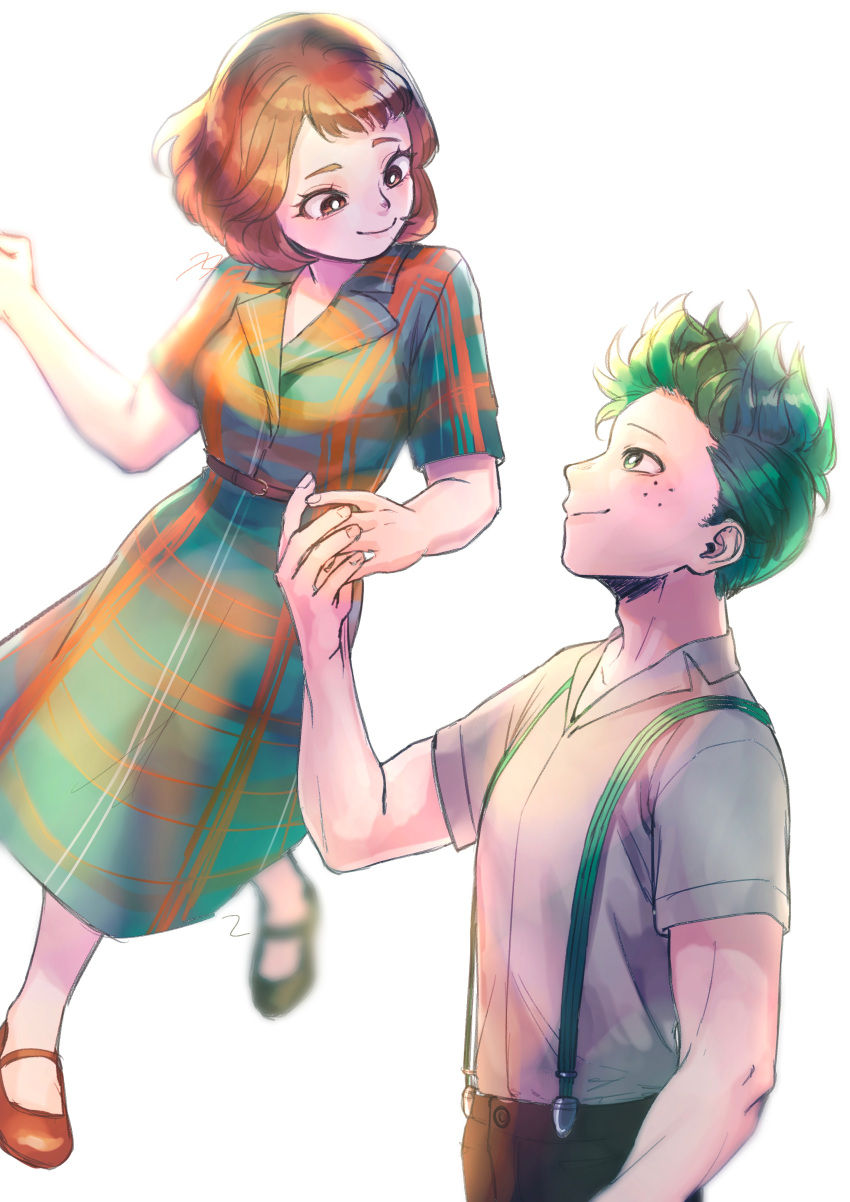 1boy 1girl absurdres boku_no_hero_academia brown_eyes brown_hair couple dress floating freckles green_eyes green_hair hetero highres light looking_at_another midoriya_izuku ozukidakedo short_hair simple_background smile uraraka_ochako white_background