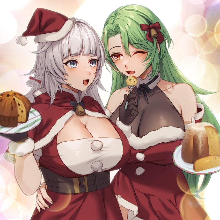 2girls alternate_costume azur_lane bare_shoulders bell belt black_belt black_gloves breasts capelet christmas cleavage commentary_request commission dress fork fur-trimmed_capelet fur-trimmed_dress fur_trim gloves green_hair hair_bell hair_ornament hand_on_another's_hip hat highres holding holding_fork holding_plate huge_breasts jingle_bell littorio_(azur_lane) long_hair maitei_roppa multiple_girls one_eye_closed open_mouth pixiv_commission plate red_capelet red_eyes red_headwear santa_dress santa_hat vittorio_veneto_(azur_lane) white_eyes white_hair