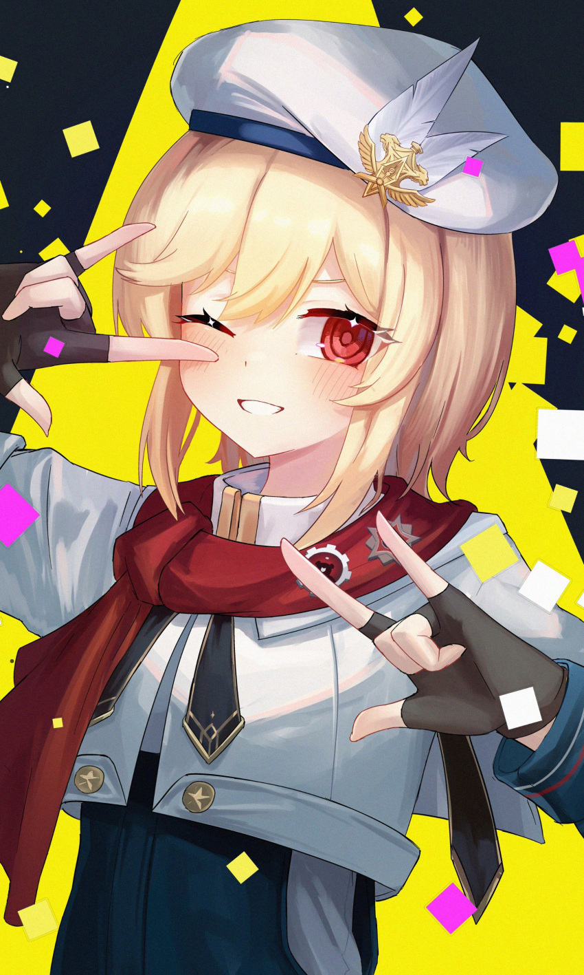 1girl \m/ \n/ absurdres beret black_neckerchief blonde_hair blue_jumpsuit blush breasts capelet commentary_request double_\m/ double_\n/ fingerless_gloves girls'_frontline girls'_frontline_2:_exilium gloves hair_between_eyes hand_up hat hat_feather highres jumpsuit long_sleeves looking_at_viewer medium_hair nagant_revolver_(girls'_frontline) neckerchief one_eye_closed open_mouth red_eyes red_scarf scarf shenqi_xiaohuang sidelocks small_breasts smile solo sparkling_eyes two-tone_jumpsuit upper_body white_capelet white_headwear