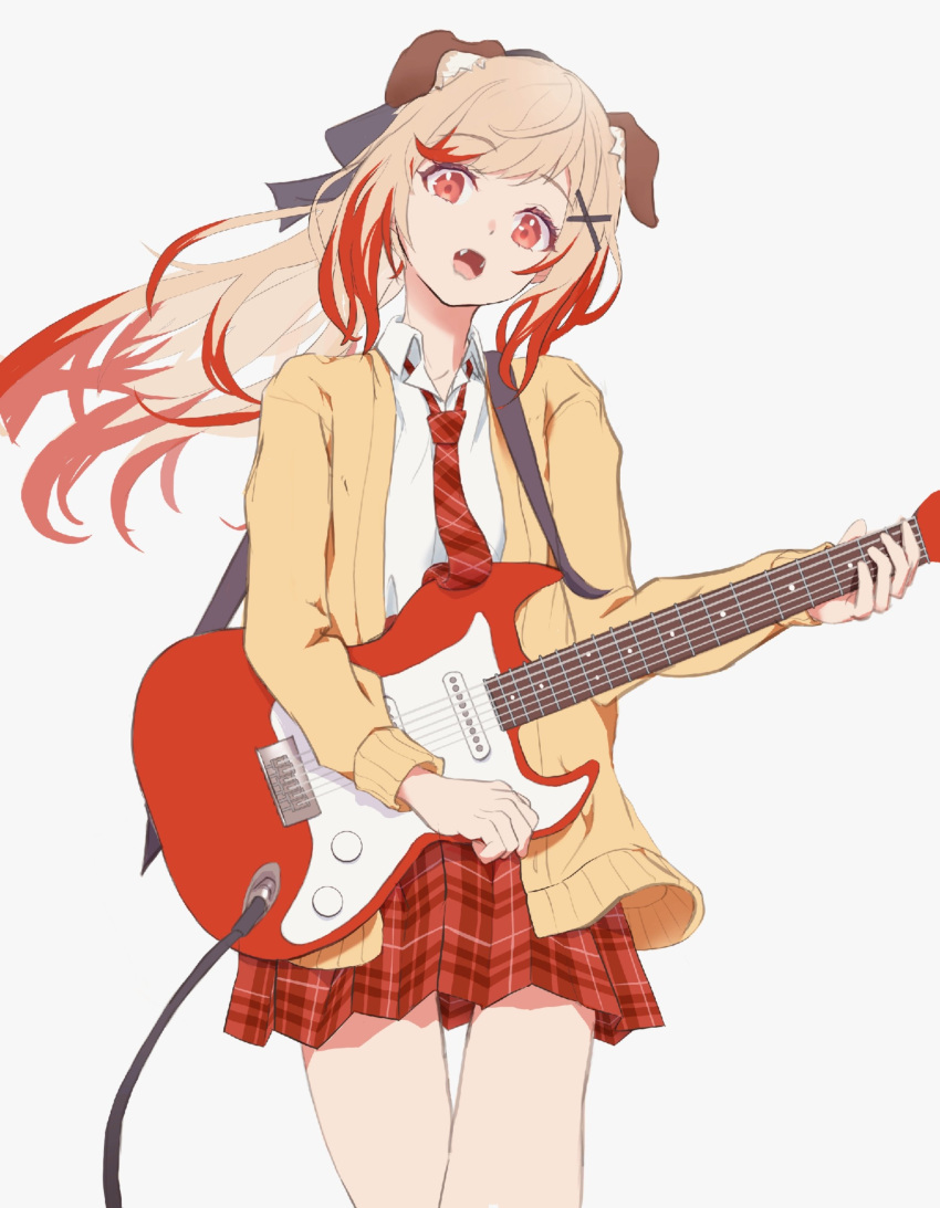 1girl absurdres animal_ear_fluff animal_ears black_bow blonde_hair botan_(oacdrykafjf3g3d) bow cable cardigan collared_shirt commentary_request cowboy_shot dog_ears dog_girl electric_guitar fangs flat_chest guitar hair_bow hair_ornament highres holding holding_guitar holding_instrument instrument long_hair long_sleeves looking_at_viewer medium_bangs nanashi_inc. necktie open_cardigan open_clothes open_mouth orange_eyes plaid plaid_necktie plaid_skirt pleated_skirt red_hair red_necktie red_skirt seshima_rui shirt simple_background skirt solo virtual_youtuber white_background white_shirt x_hair_ornament yellow_cardigan