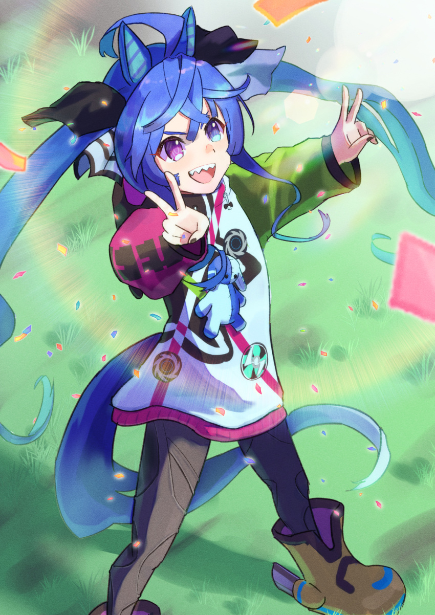 1girl ahoge animal_ears black_pantyhose blue_eyes blue_hair blush boots closed_mouth commentary_request crossed_bangs double_v flower foot_out_of_frame full_body grass harakomeshi heterochromia highres hood hood_down hoodie horse_ears horse_girl horse_tail long_sleeves looking_at_viewer open_mouth outdoors pantyhose purple_eyes sharp_teeth smile solo speech_bubble spoken_number stuffed_animal stuffed_rabbit stuffed_toy tail teeth twin_turbo_(umamusume) twintails umamusume upper_teeth_only v yellow_flower yellow_footwear