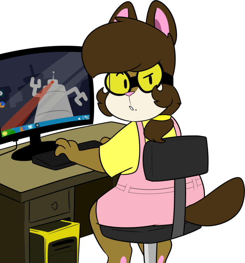 2018 4_fingers alpha_channel ambient_robot anthro barefoot biped black_chair black_eyebrows black_eyes bottomwear brown_ears brown_hair brown_tail chair chipmunk chokovit_(artist) ciel_appleberry clothed clothed_anthro clothed_female clothing colored computer computer_keyboard computer_monitor computer_tower countershade_face countershade_fur countershading desk digital_drawing_(artwork) digital_media_(artwork) drawer ears_up electronics eyebrows eyewear feet female female_anthro fingers fur furgonomic_bottomwear furniture goggles ground_squirrel hair hi_res looking_at_viewer looking_back looking_back_at_viewer machine mammal markings microsoft microsoft_windows mole_(marking) mole_under_mouth office_chair on_chair pawpads pink_inner_ear pink_nose pink_overalls pink_pawpads raised_eyebrow rear_view robot rodent sciurid shirt simple_background simple_eyes sitting sitting_on_chair solo table tail tan_body tan_fur three-quarter_view topwear transparent_background white_body white_countershading yellow_clothing yellow_hair_tie yellow_lens yellow_shirt yellow_topwear