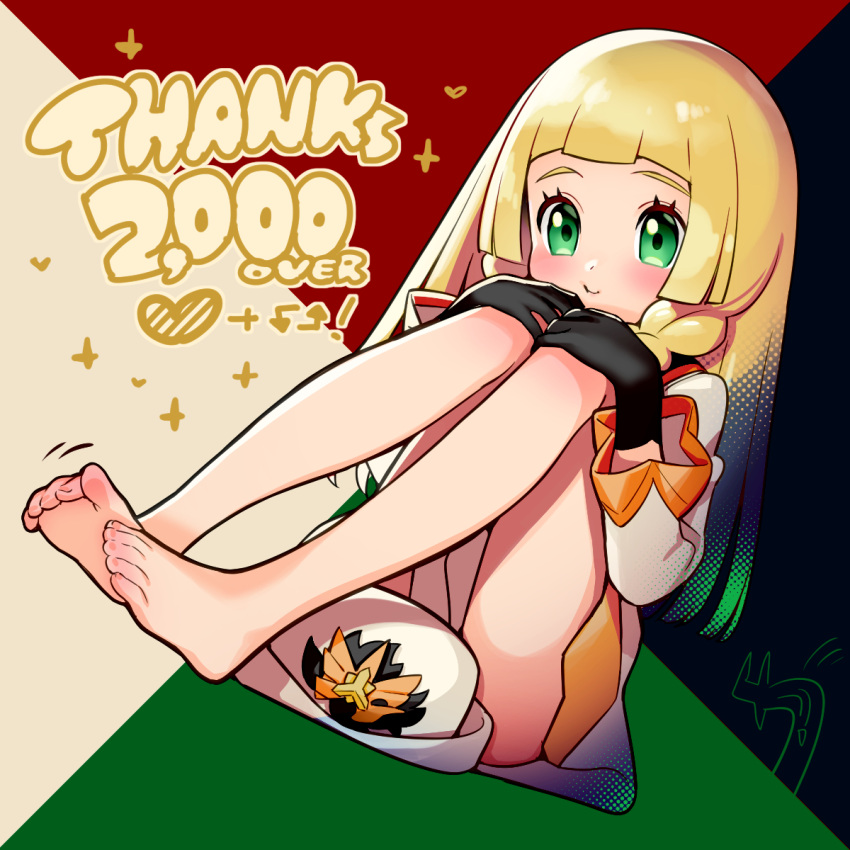 1girl barefoot black_gloves blonde_hair blush closed_mouth cosplay dress eyelashes feet gloves green_eyes hat hat_ornament heart highres kinocopro leaf_(champion)_(pokemon) leaf_(pokemon) leaf_(pokemon)_(cosplay) legs lillie_(pokemon) long_hair long_sleeves milestone_celebration multicolored_background pokemon pokemon_masters_ex pokemon_sm sitting smile solo thank_you toes unworn_hat unworn_headwear white_headwear