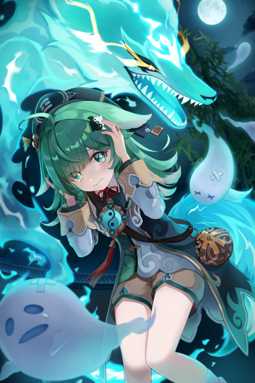 1girl ahoge animal_ears crossed_bandaids fiery_tail fox_ears fox_girl fox_tail full_moon ghost green_eyes green_hair hair_ornament highres honkai:_star_rail honkai_(series) huohuo_(honkai:_star_rail) kumajyayo long_sleeves moon night night_sky paw-shaped_pupils sharp_teeth shorts sky socks tail tail_(honkai:_star_rail) tassel tearing_up teeth white_socks x_x yellow_eyes yin_yang yin_yang_hair_ornament