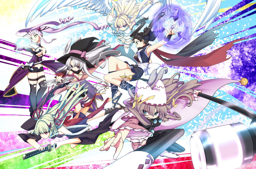 6+girls angel angel_wings animal_ear_headwear animal_print aqua_eyes ayachi_nene back_bow belt belt_bra black_cloak black_hair black_headwear black_scarf black_shirt black_shorts black_thighhighs blonde_hair blue_eyes blue_gloves blue_kimono blunt_bangs bow breasts brown_hair butterfly_hair_ornament butterfly_print cleavage cloak closed_mouth commentary_request company_connection crossover demon_girl detached_sleeves dress eyes_visible_through_hair fighting_stance fingerless_gloves floating_clothes floating_hair forehead_protector foreshortening frilled_sleeves frills gloves green_eyes green_hair grey_hair gun hair_between_eyes hair_ornament hair_ribbon hammer handgun hat highres hitachi_mako holding holding_gun holding_hammer holding_sword holding_weapon japanese_clothes jumping katana kimono kunai large_breasts long_hair long_ribbon long_sleeves looking_afar magical_girl micro_shorts midair motion_lines multicolored_background multiple_crossover multiple_girls murasame_(senren) ninja nzuwaiganin off-shoulder_dress off_shoulder pink_belt pink_hair pink_skirt pom_pom_(clothes) profile purple_dress purple_eyes red_bow red_eyes red_ribbon ribbon sandals sanoba_witch scarf senren_banka shiiba_tsumugi shirayuki_noa shirt short_hair_with_long_locks short_kimono shorts sidelocks simple_background skirt sleeveless sleeveless_kimono smile standing sword tanikaze_amane tenshi_souzou_re-boot! thigh_strap thighhighs twintails two_side_up v-shaped_eyebrows very_long_hair weapon white_bow white_headwear white_thighhighs white_wings wide_shot wide_sleeves wing_hair_ornament wings witch witch_hat yellow_ribbon yuzu-soft
