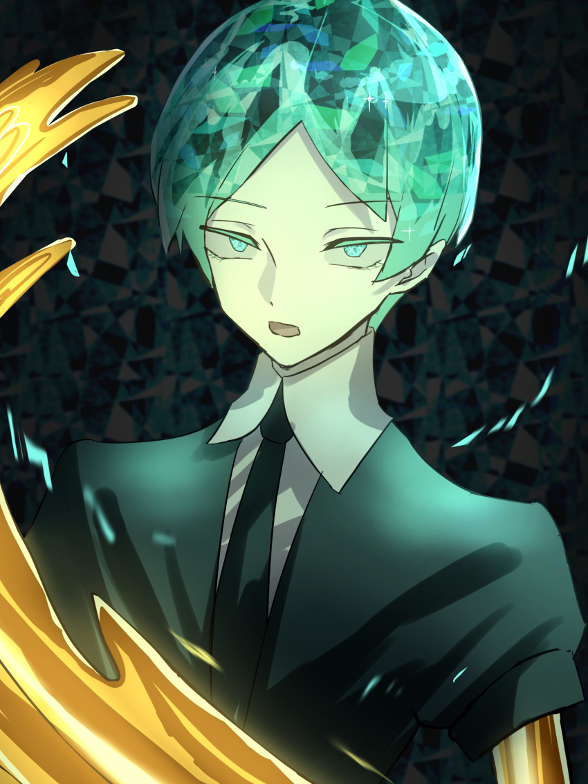 1other absurdres black_jacket black_necktie collared_shirt commentary green_eyes green_hair highres houseki_no_kuni jacket looking_at_viewer necktie open_mouth phosphophyllite shirt solo tsukuno_tsuki upper_body white_shirt