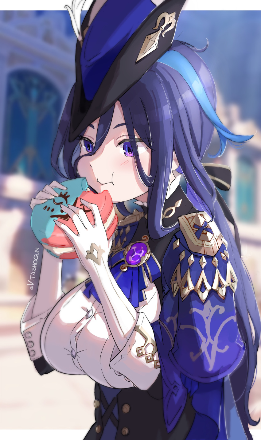 1girl :t absurdres black_corset blue_capelet blue_hair blurry blurry_background breasts button_gap capelet clorinde_(genshin_impact) commentary_request corset eating food framed_breasts genshin_impact gloves hands_up hat highres holding holding_food large_breasts long_hair macaron multicolored_hair outdoors purple_eyes purple_hair shirt smile solo streaked_hair tricorne upper_body very_long_hair vision_(genshin_impact) vitashogun white_gloves white_shirt