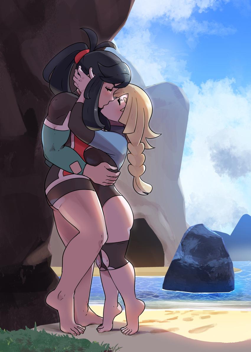 absurdres aged_up alternate_muscle_size black_hair blonde_hair highres juno_son kiss lillie_(pokemon) muscular muscular_female pokemon selene_(pokemon) swimsuit thick_thighs thighs yuri