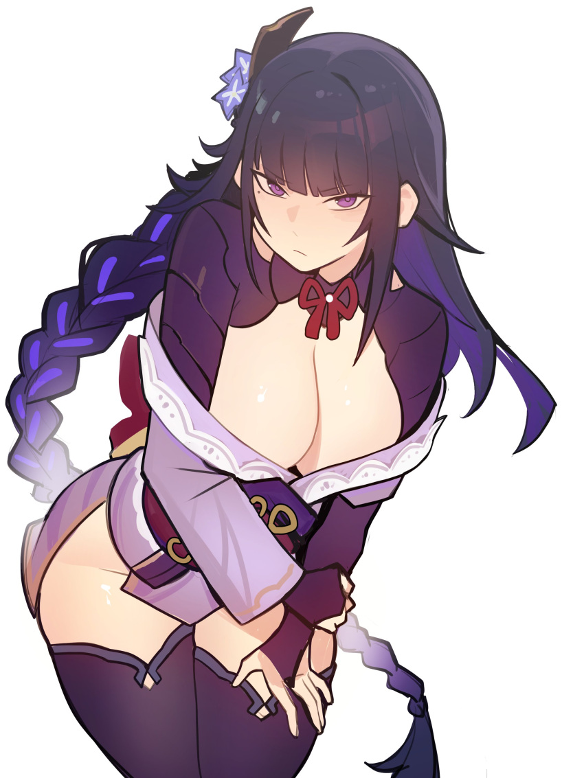 1girl absurdres black_hair braid braided_ponytail breasts bridal_gauntlets cleavage closed_mouth cowboy_shot distr genshin_impact hair_ornament highres japanese_clothes kimono large_breasts leaning_forward long_hair long_sleeves looking_at_viewer mole mole_under_eye off_shoulder purple_eyes purple_hair purple_kimono purple_thighhighs raiden_shogun simple_background solo thighhighs very_long_hair white_background