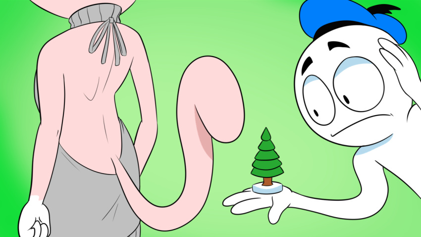 anthro bare_back buttplug clothing danger_dolan duo felid feline female hat headgear headwear hitsuji human male mammal meme meme_clothing plug_(sex_toy) sex_toy shima_luan simple_background super_planet_dolan sweater themed_object topwear virgin_killer_sweater