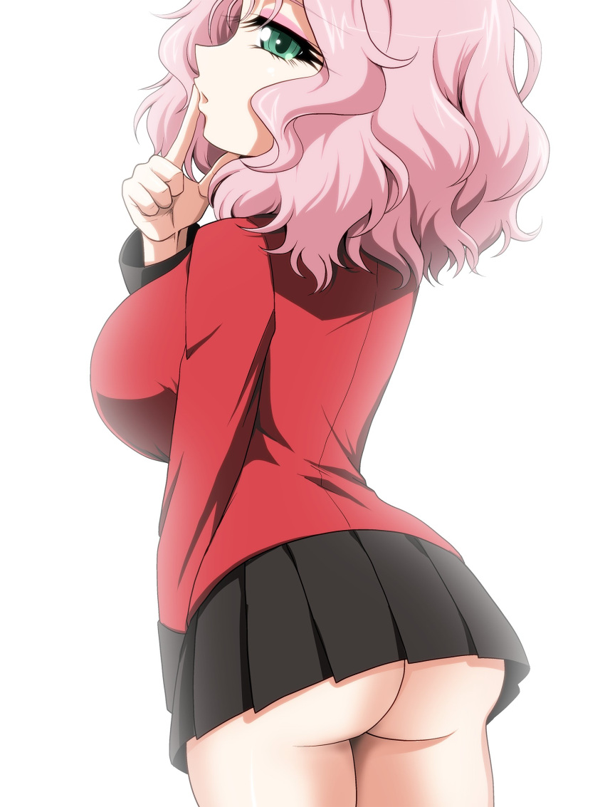 1girl absurdres ass black_skirt breasts cowboy_shot epaulettes finger_to_mouth from_behind girls_und_panzer green_eyes highres jacket kamishima_kanon large_breasts long_sleeves looking_at_viewer medium_hair miniskirt peach_(girls_und_panzer) pink_hair pleated_skirt red_jacket simple_background skirt solo st._gloriana's_military_uniform wavy_hair white_background