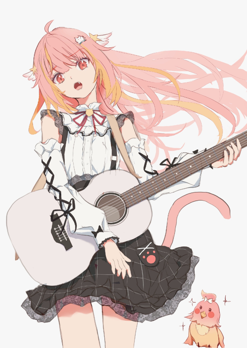 1girl absurdres acoustic_guitar ahoge bird black_skirt blonde_hair botan_(oacdrykafjf3g3d) cat_tail commentary_request cowboy_shot detached_sleeves fang floating_hair frilled_shirt frilled_sleeves frills guitar hair_ornament head_tilt highres hira_hikari holding holding_guitar holding_instrument instrument lace-trimmed_skirt lace_trim long_hair looking_at_viewer medium_bangs nanashi_inc. neck_ribbon open_mouth orange_eyes parrot pink_hair plaid plaid_skirt red_ribbon ribbon shirt simple_background skirt sleeveless sleeveless_shirt solo star_(symbol) star_hair_ornament suspender_skirt suspenders tail virtual_youtuber white_background white_shirt white_sleeves