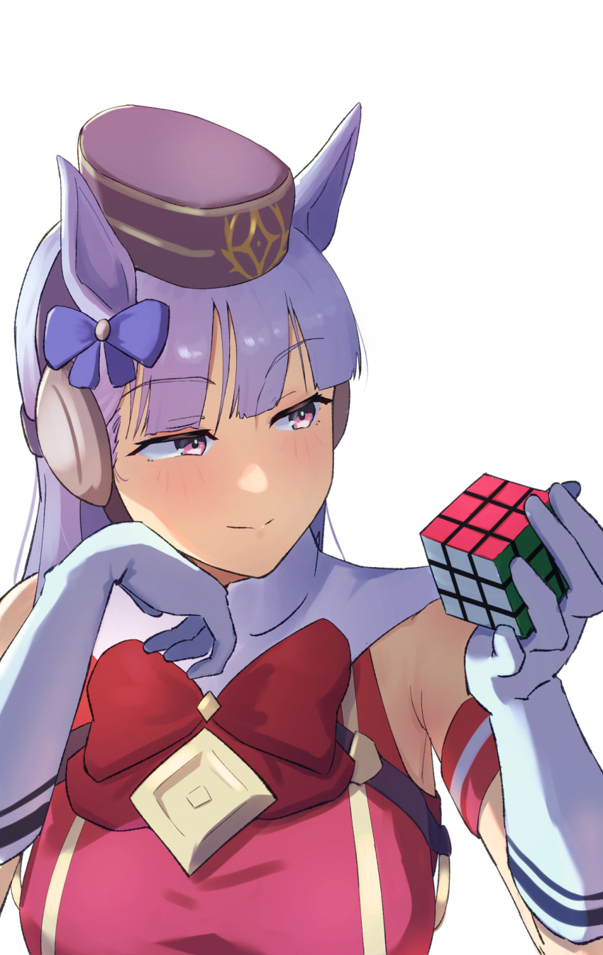 1girl animal_ears bare_shoulders breasts brown_headwear closed_mouth commentary_request dress gloves gold_ship_(umamusume) harakomeshi highres holding_cube horse_ears horse_girl large_breasts pillbox_hat purple_eyes red_dress rubik's_cube simple_background sleeveless sleeveless_dress smile solo umamusume upper_body white_background white_gloves