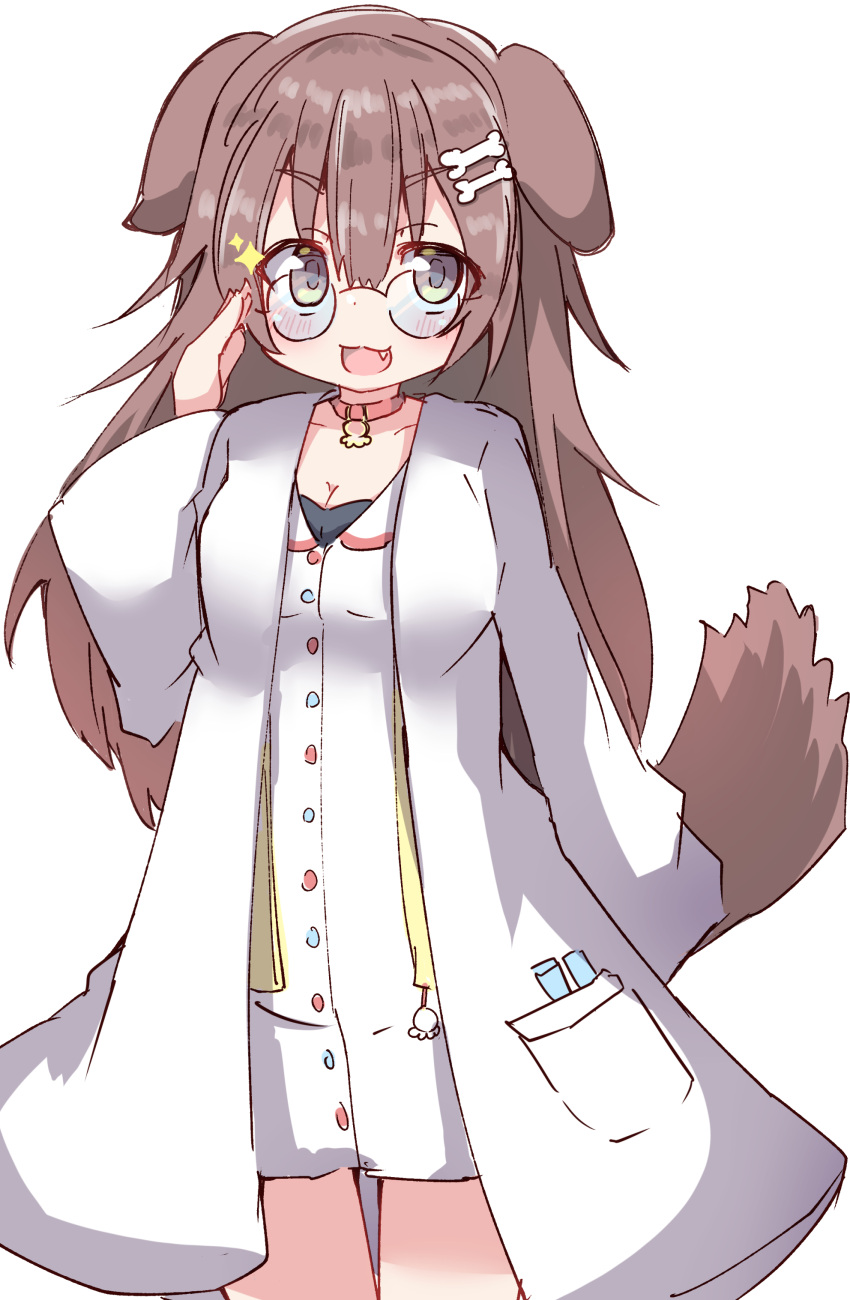 1girl absurdres adjusting_eyewear animal_ears blush bone_hair_ornament breasts brown_eyes brown_hair cartoon_bone cleavage commentary_request dog_ears dog_girl dog_tail dress hair_between_eyes hair_ornament hand_up highres hololive inugami_korone jacket lab_coat long_hair long_sleeves medium_breasts open_clothes open_jacket round_eyewear simple_background solo sparkle tail thick_eyebrows umberblack very_long_hair virtual_youtuber white_background white_dress wide_sleeves yellow_jacket