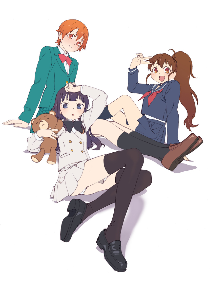 black_hair black_legwear blazer blue_eyes brown_eyes brown_hair daisy_(working!!) highres inami_mahiru jacket kneehighs loafers long_hair lying multiple_girls nse orange_eyes orange_hair school_uniform serafuku shoes short_hair smile stuffed_animal stuffed_toy taneshima_popura teddy_bear thighhighs working!! yamada_aoi