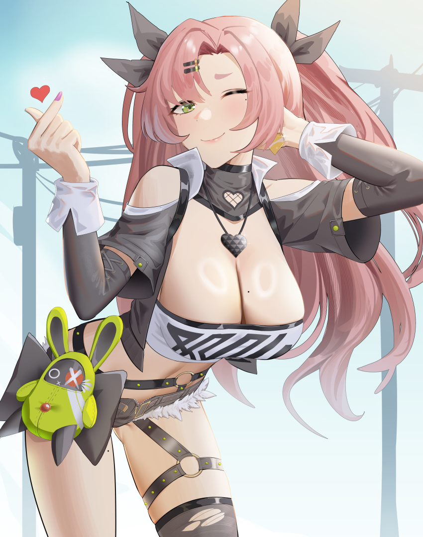 1girl ;) absurdres anoreika_tomoe bare_shoulders belt black_belt black_ribbon black_shorts black_thighhighs blush breasts cleavage clothing_cutout commentary_request cowboy_shot green_eyes hair_ornament hair_ribbon hairclip hand_in_own_hair hand_up heart highres large_breasts leaning_forward long_hair long_sleeves looking_at_viewer micro_shorts midriff nail_polish navel nicole_demara one_eye_closed pink_hair pink_nails ribbon shorts shoulder_cutout single_thighhigh smile solo standing stomach strapless thighhighs thighs tube_top two_side_up very_long_hair zenless_zone_zero