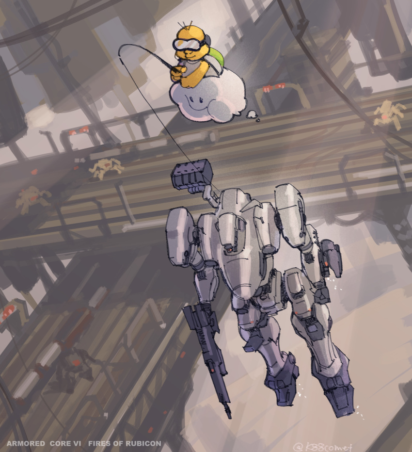 1boy armored_core armored_core_6 closed_mouth copyright_name crossover fishing_rod full_body goggles gun hideki_kaneda highres holding holding_fishing_rod holding_gun holding_weapon lakitu loader_4 mario_(series) mario_kart mecha missile_pod one-eyed outdoors robot science_fiction smile weapon