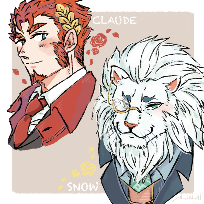2boys animal_ears artist_name bara black_suit blush cape character_name claude_(housamo) commentary_request flower furry furry_male green_eyes highres lion_boy lion_ears lion_mane male_focus monocle multiple_boys necktie red_cape red_flower red_necktie red_rose rose smile snow_(housamo) suit tokyo_afterschool_summoners upper_body whiskers yellow_flower yellow_rose yokujitsu_(yokuzi_41)
