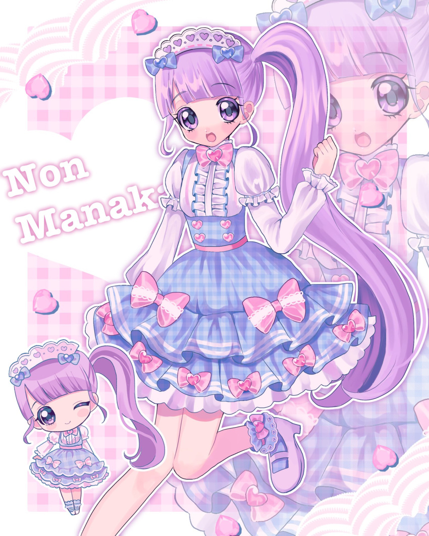 1girl :d blue_bow blue_dress blue_socks blunt_bangs blush bow center_frills character_name chibi closed_mouth dress frilled_dress frilled_hairband frilled_socks frills hair_bow hairband hand_up heart high_heels highres idol_clothes lolita_fashion long_hair looking_at_viewer manaka_non multiple_views one_eye_closed open_mouth pink_bow plaid plaid_dress pretty_series pripara purple_eyes purple_hair side_ponytail smile socks standing standing_on_one_leg very_long_hair white_footwear yuni_(ramm_sweet) zoom_layer