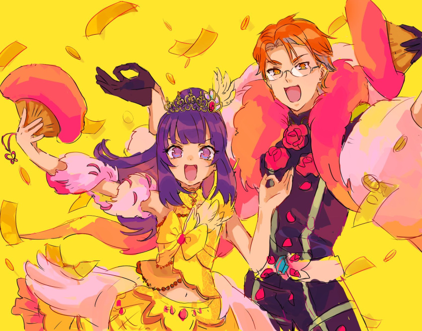 1boy 1girl :d banknote black_jacket blunt_bangs coin commentary_request feather_boa glasses hanazono_shuka hand_fan hands_up highres holding holding_fan idol_clothes idol_time_pripara in-franchise_crossover jacket juuouin_kakeru king_of_prism_by_prettyrhythm long_hair looking_at_viewer money money_rain ok_sign open_mouth orange_eyes orange_hair ponytail pretty_rhythm pretty_series pripara purple_eyes purple_hair shirt short_hair skirt smile standing tiara yadehi yellow_background yellow_shirt yellow_skirt