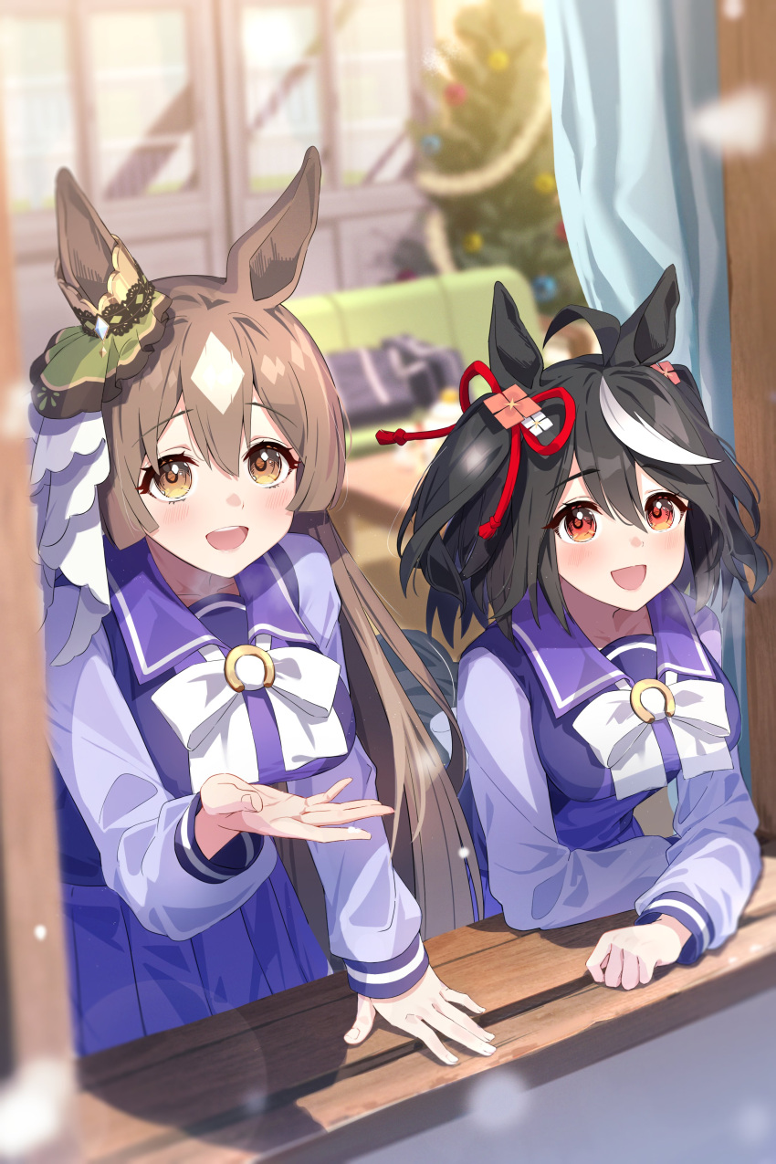 2girls absurdres animal_ears bag black_hair blue_skirt brown_eyes brown_hair day hamanashi_(trapiorra) highres horse_ears horse_girl kitasan_black_(umamusume) leaning_forward long_hair long_sleeves multicolored_hair multiple_girls open_mouth pleated_skirt red_eyes satono_diamond_(umamusume) school_bag skirt smile standing umamusume uniform white_hair window