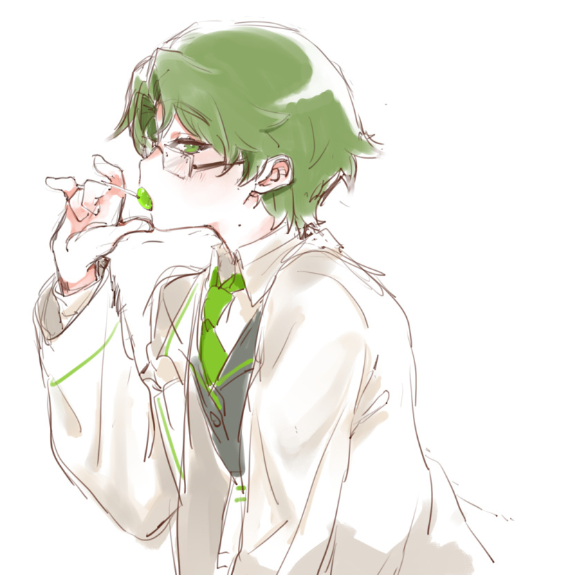 1boy black_vest candy coat collared_shirt dongrang_(project_moon) food green_eyes green_hair green_necktie hand_up holding holding_candy holding_food holding_lollipop lab_coat limbus_company lollipop necktie project_moon shirt sketch solo uchimura_(rino0525) upper_body vest white_coat white_shirt