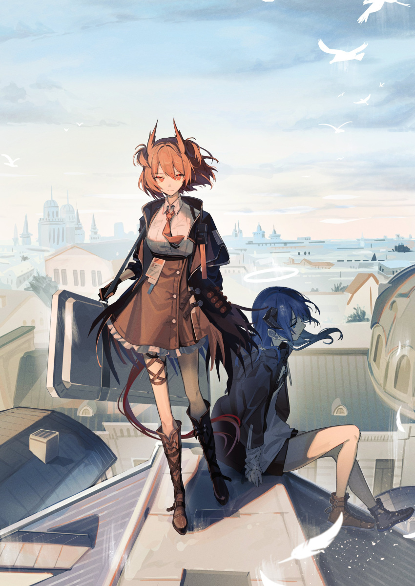 2girls absurdres architecture arknights bird black_footwear black_gloves black_jacket black_shorts blue_hair blue_sky boots breasts brown_skirt building commentary demon_horns feather_hair fiammetta_(arknights) gloves halo high-waist_skirt highres holding holding_shield horns id_card jacket knee_boots large_breasts long_hair looking_to_the_side mostima_(arknights) multiple_girls natsuba002 necktie outdoors red_eyes red_hair red_necktie rooftop shield shirt short_hair shorts sidelocks sitting skirt sky thigh_strap white_shirt