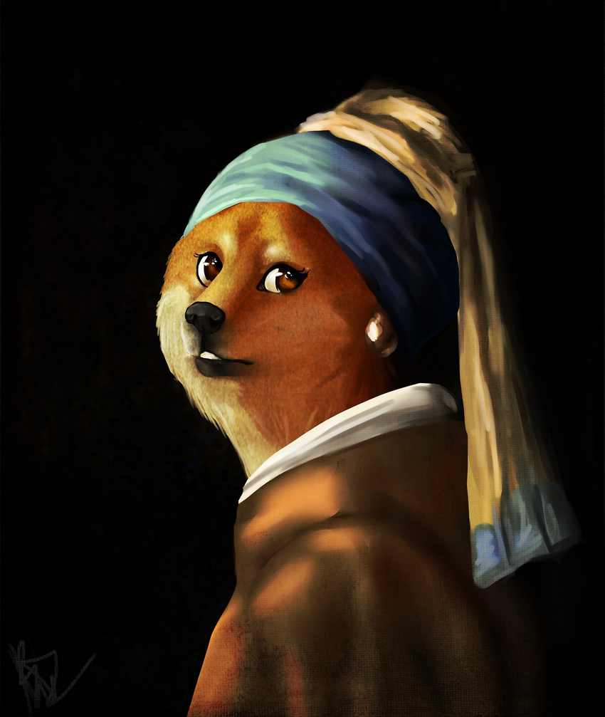 anthro black_nose brown_eyes doge fusion girl_with_a_pearl_earring hi_res human inspired_by_proper_art looking_at_viewer mammal meme open_mouth plain_background skitzosworld what