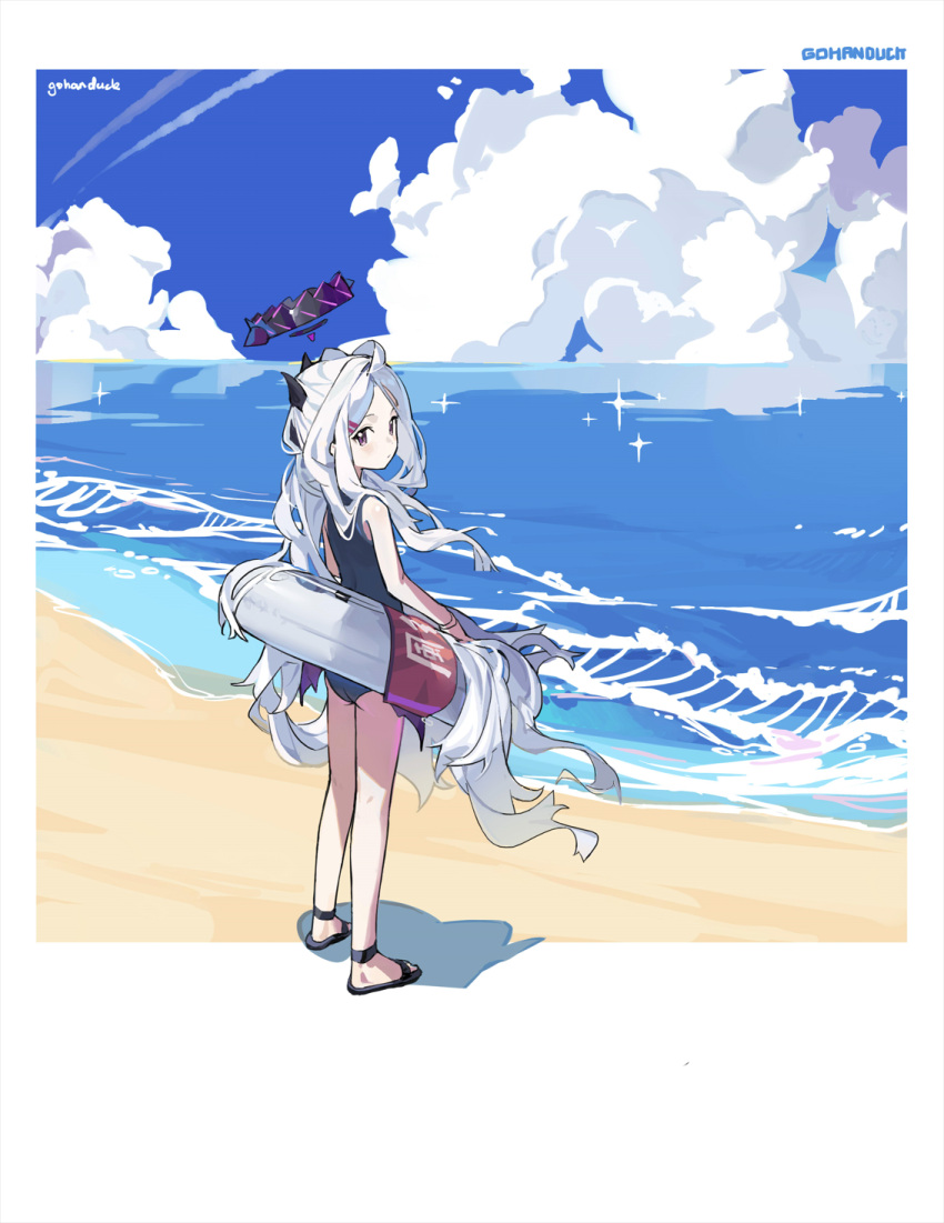 1girl artist_name bare_legs bare_shoulders beach blue_archive blue_one-piece_swimsuit blue_sky closed_mouth cloud day expressionless from_behind gohanduck halo highres hina_(blue_archive) hina_(swimsuit)_(blue_archive) horizon horns innertube long_hair looking_at_viewer looking_back ocean official_alternate_costume one-piece_swimsuit outdoors purple_eyes sandals school_swimsuit sky solo sparkle standing swimsuit very_long_hair water white_hair