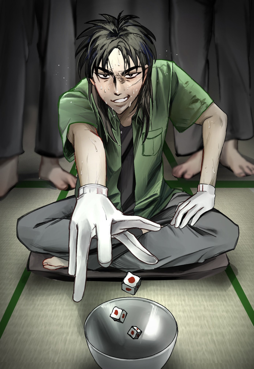 3boys barefoot black_hair black_shirt bowl cheating_(competitive) commentary_request dice feet full_body gloves green_shirt grey_pants grin hand_on_own_knee highres itou_kaiji kaiji korean_commentary long_hair looking_at_viewer male_focus medium_bangs multiple_boys pants parted_bangs ron_(ronkij777) sanpaku scar scar_on_cheek scar_on_face shirt short_sleeves sitting smile solo_focus standing sweat tatami undershirt white_gloves