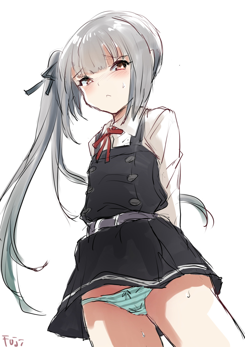 1girl arms_behind_back artist_name black_dress brown_eyes collared_shirt dress dress_shirt from_below fuji_(pixiv24804665) grey_hair highres kantai_collection kasumi_(kancolle) long_hair panties pinafore_dress shirt side_ponytail simple_background sleeveless sleeveless_dress solo striped striped_panties underwear white_background white_shirt