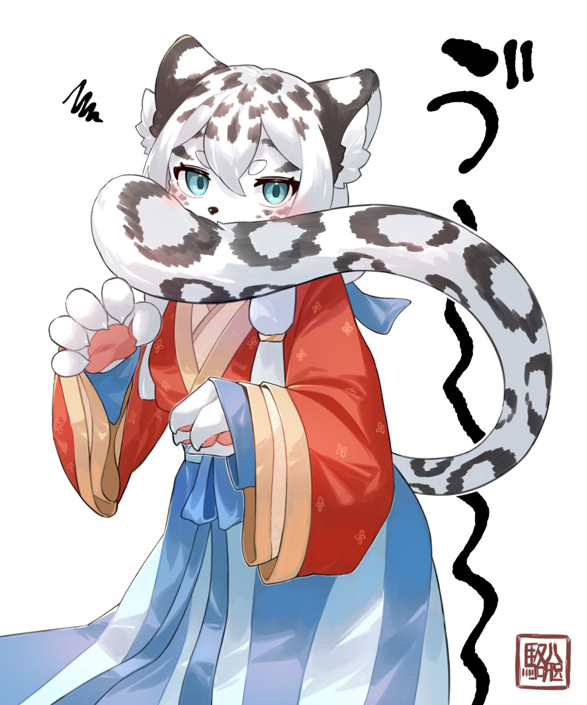 1girl animal_ear_fluff animal_ears animal_nose animal_print artist_name blue_eyes blue_skirt body_fur chinese_clothes claw_pose commentary covered_mouth cowboy_shot from_side furry furry_female hanfu highres hikimayu kawarage_yatano layered_sleeves leopard_ears leopard_girl leopard_print leopard_tail long_sleeves looking_at_viewer low-tied_sidelocks multicolored_hair original pawpads qixiong_ruqun red_shirt shirt short_hair_with_long_locks simple_background skirt snow_leopard solo squiggle standing tail two-tone_hair white_background white_fur white_hair wide_sleeves