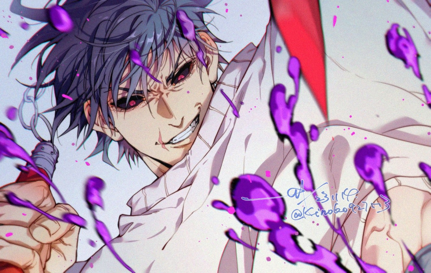 1boy black_hair black_sclera blood colored_sclera fushiguro_touji holding holding_nunchaku holding_weapon jujutsu_kaisen lips male_focus nunchaku parted_lips purple_blood red_eyes sashiyu scar scar_on_face scar_on_mouth solo sweater teeth upper_body weapon white_sweater