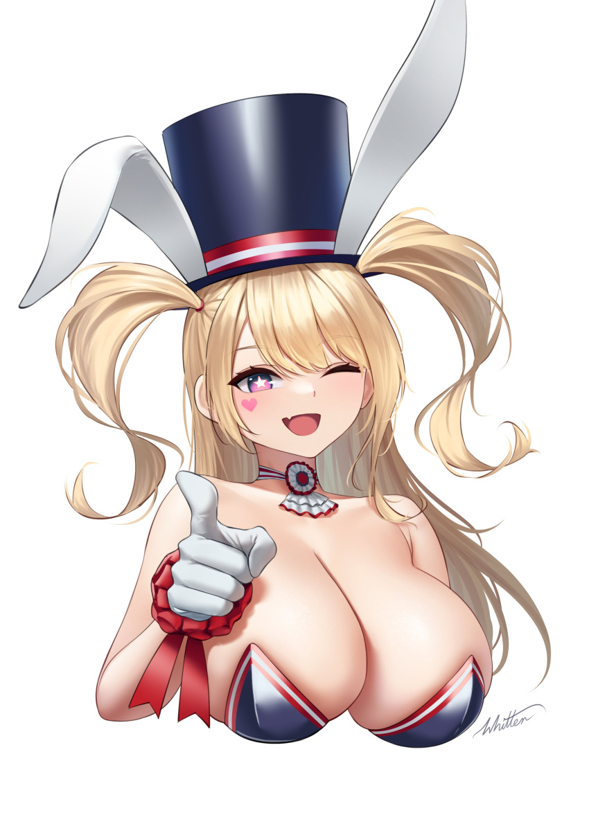 1girl absurdres artist_name azur_lane blonde_hair breasts cleavage cosplay english_commentary fang gloves guam_(azur_lane) guam_(stage-setting_charmer)_(azur_lane) hat highres huge_breasts long_hair looking_at_viewer official_alternate_costume one_eye_closed open_mouth pointing pointing_at_viewer skin_fang solo top_hat twintails uncle_sam uncle_sam_(cosplay) undersized_breast_cup upper_body very_long_hair white_gloves whitter