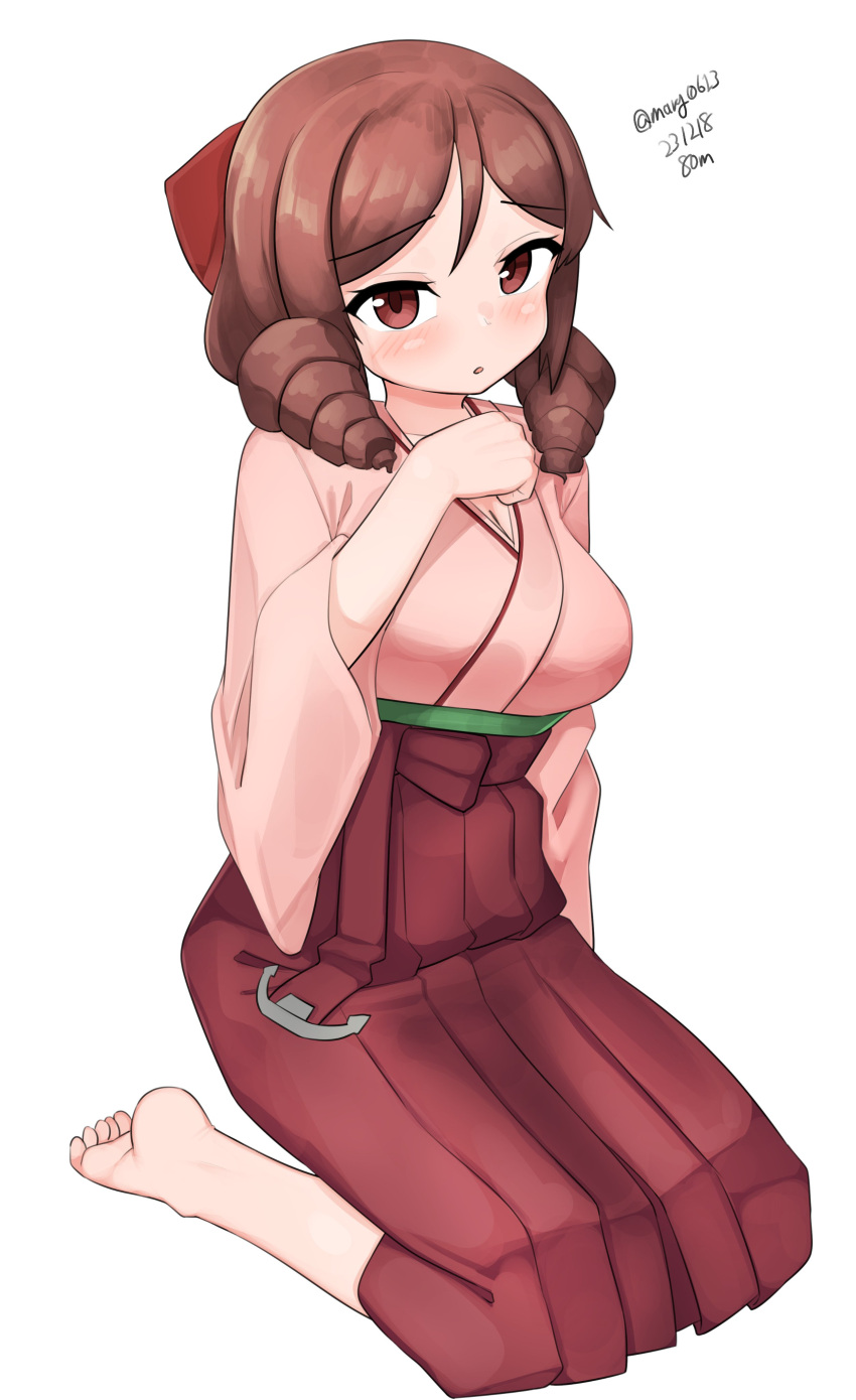 1girl absurdres barefoot bow brown_hair drill_hair full_body hair_bow hakama harukaze_(kancolle) highres japanese_clothes kantai_collection kimono looking_at_viewer maru_(marg0613) meiji_schoolgirl_uniform one-hour_drawing_challenge pink_kimono red_bow red_eyes red_hakama seiza simple_background sitting solo twin_drills white_background