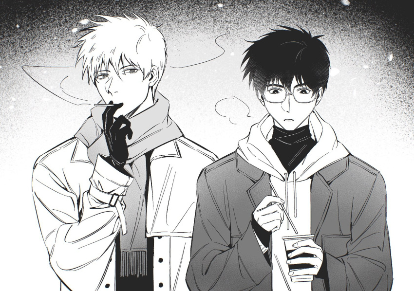 2boys akagi:_yami_ni_oritatta_tensai akagi_shigeru alternate_costume bespectacled cigarette coat coffee_cup commentary_request cup disposable_cup fukumoto_mahjong glasses gloves greyscale hair_between_eyes highres hood hoodie long_bangs looking_at_viewer looking_down male_focus monochrome multiple_boys open_mouth scarf short_hair smoking stirrer suefu tobaku_haouden_zero turtleneck ukai_zero upper_body winter_clothes